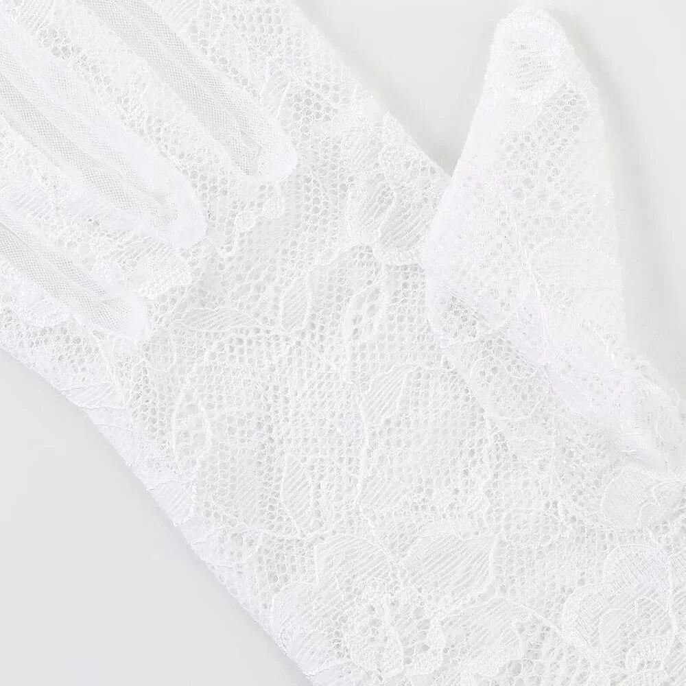 Women's Lvory 04 Floral Short Length Lace Tulle Mesh Wrist Wedding Party Gloves